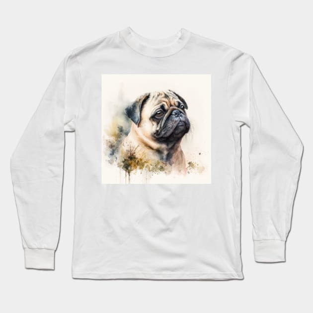 Pug Watercolour Style Painting Long Sleeve T-Shirt by TheArtfulAI
